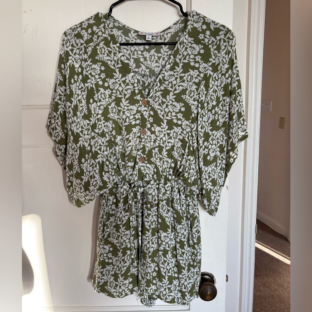 Green & White Floral Button Romper